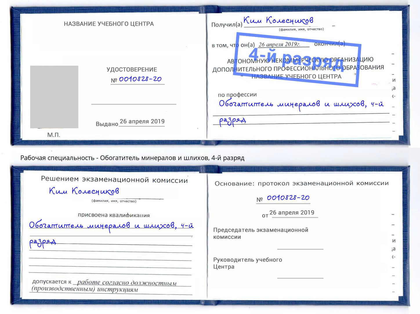 корочка 4-й разряд Обогатитель минералов и шлихов Домодедово