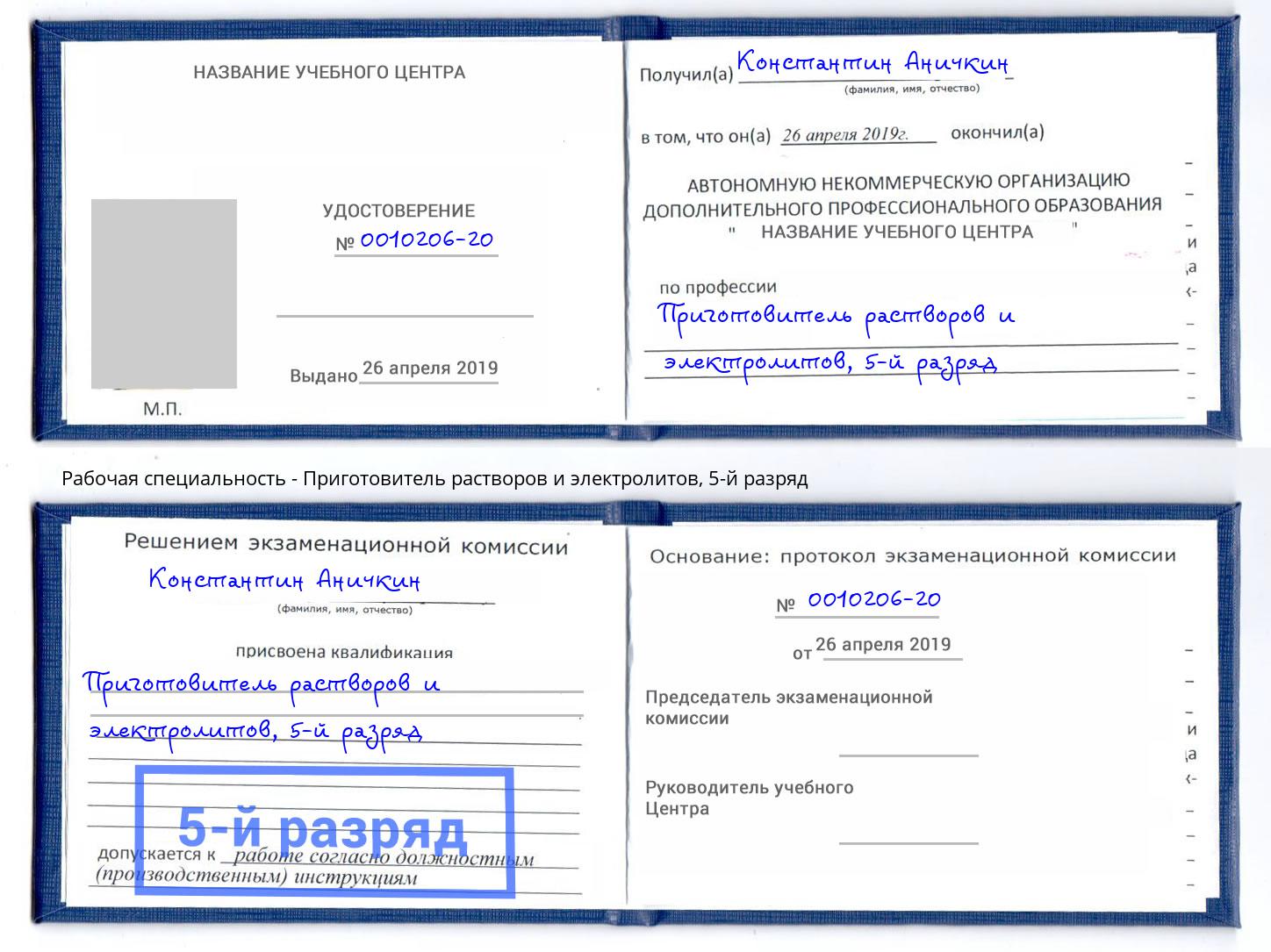 корочка 5-й разряд Приготовитель растворов и электролитов Домодедово