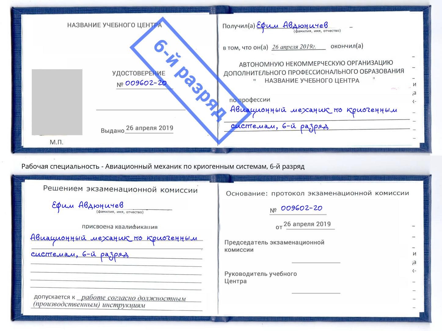 корочка 6-й разряд Авиационный механик по криогенным системам Домодедово