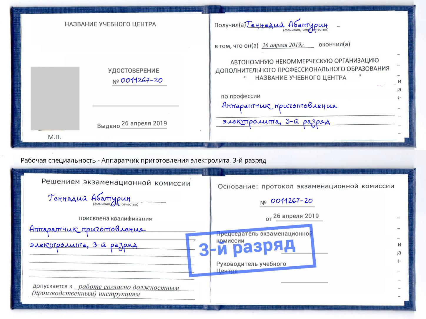 корочка 3-й разряд Аппаратчик приготовления электролита Домодедово