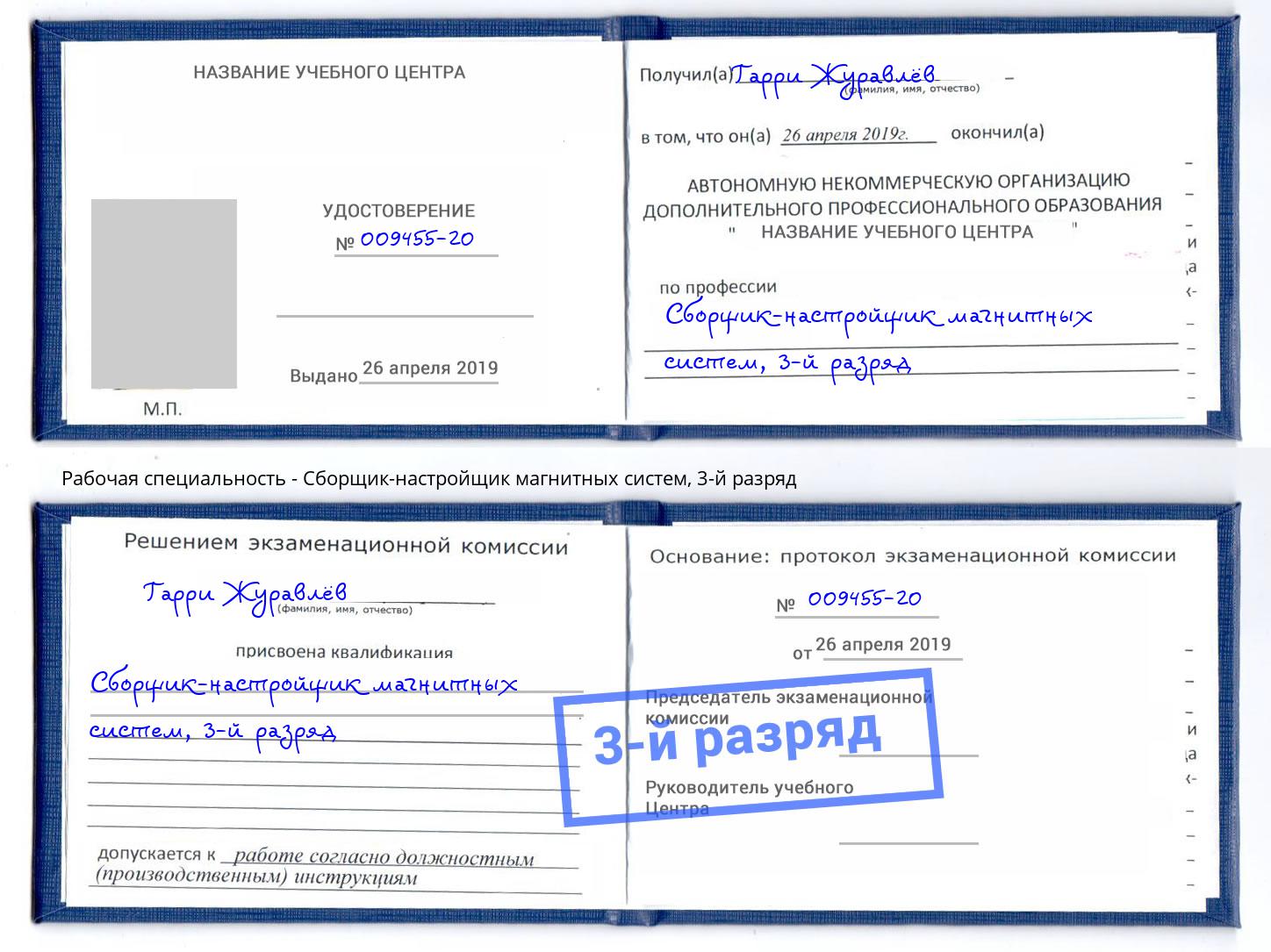 корочка 3-й разряд Сборщик-настройщик магнитных систем Домодедово