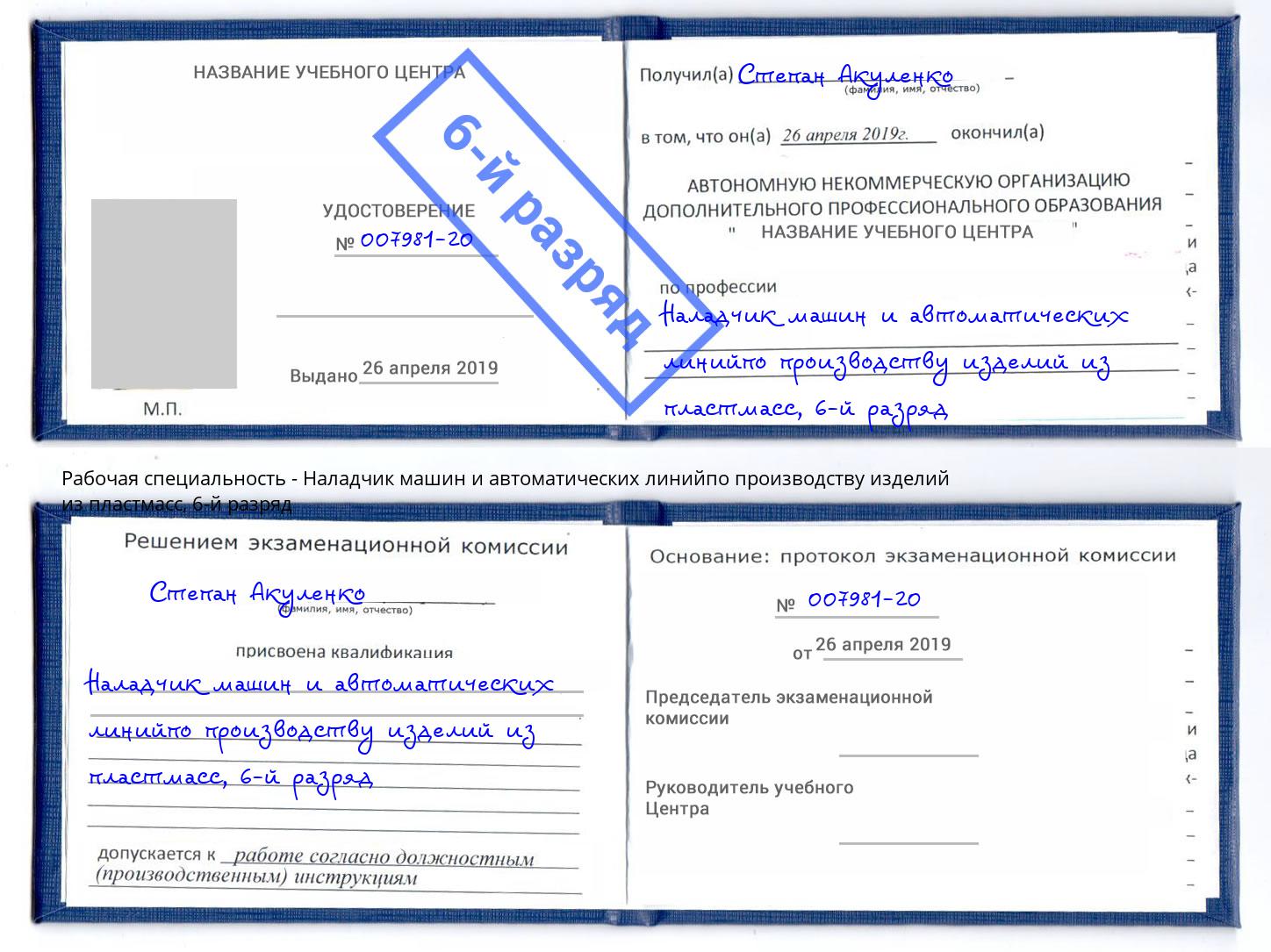 корочка 6-й разряд Наладчик машин и автоматических линийпо производству изделий из пластмасс Домодедово