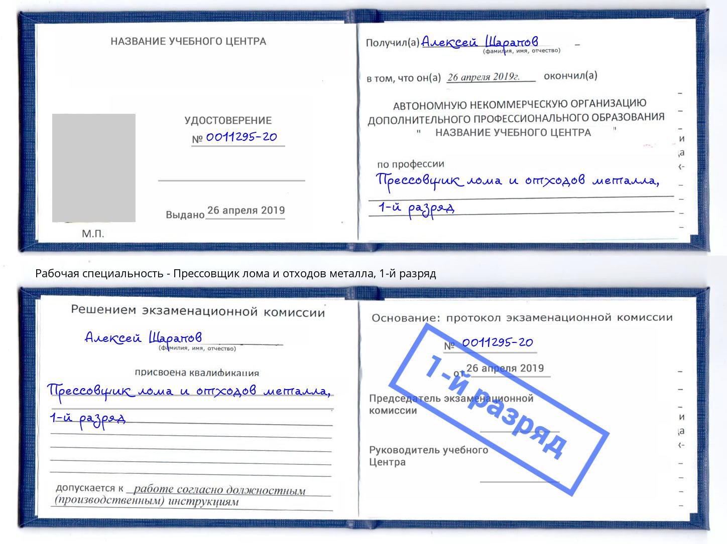 корочка 1-й разряд Прессовщик лома и отходов металла Домодедово