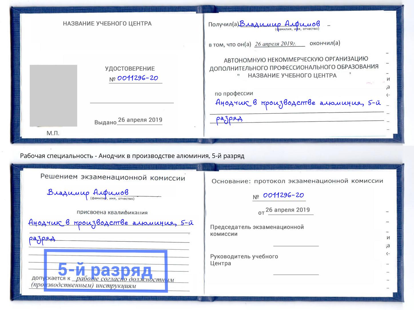 корочка 5-й разряд Анодчик в производстве алюминия Домодедово