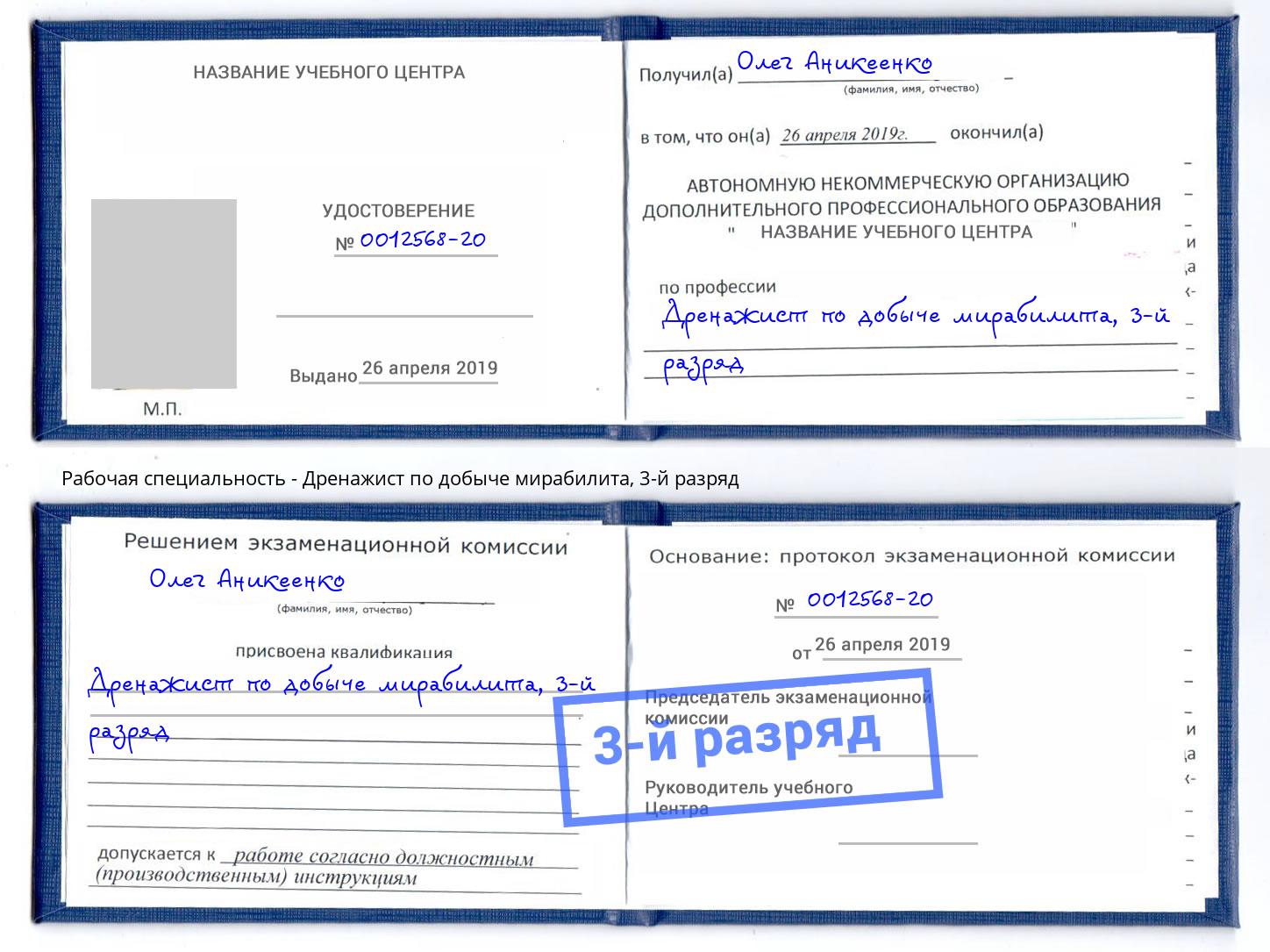 корочка 3-й разряд Дренажист по добыче мирабилита Домодедово