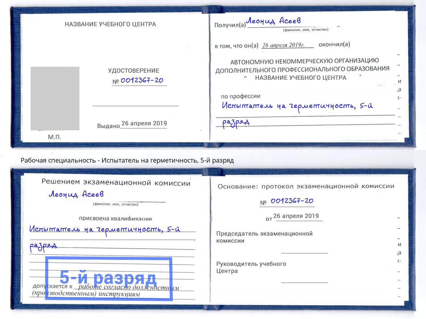 корочка 5-й разряд Испытатель на герметичность Домодедово