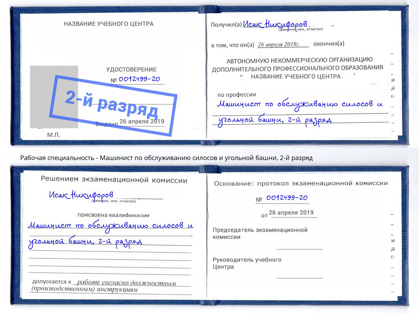 корочка 2-й разряд Машинист по обслуживанию силосов и угольной башни Домодедово