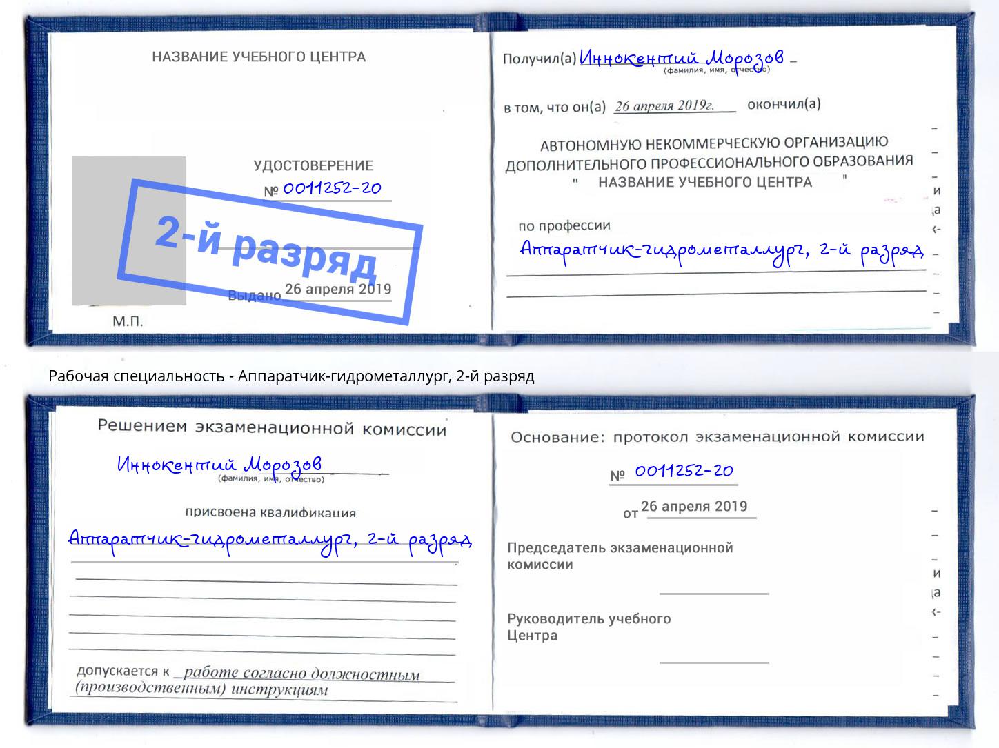 корочка 2-й разряд Аппаратчик-гидрометаллург Домодедово